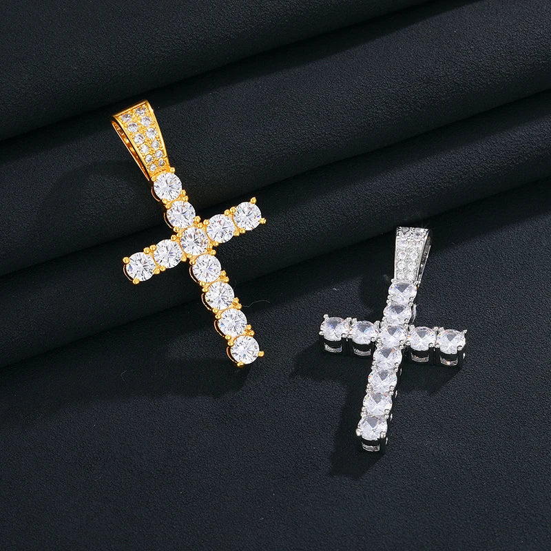 LuxeDiamond Gold Iced Tennis Cross Pendant 5mm - LG113