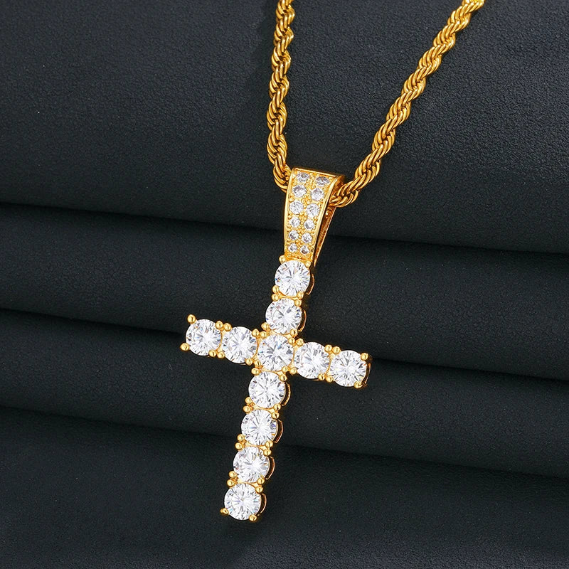 LuxeDiamond Gold Iced Tennis Cross Pendant 5mm - LG113